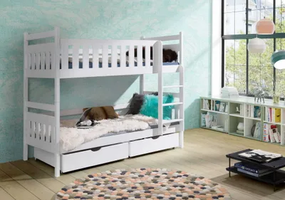 Produktbild von KEF ADRIANA Etagenbett Kinder Holz Kinderbett für Zwei Kinder Leiter Rechts mit Matratze Weiß 80x180 cm