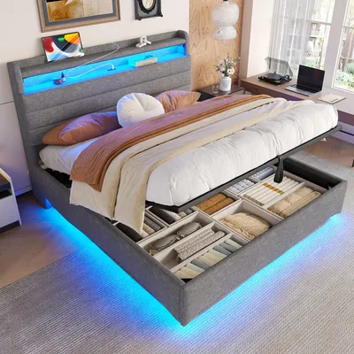 Produktbild von Polsterbett mit LED-Beleuchtung, USB/Type-C Anschlüsse, Stauraum, gepolstertem Kopfteil, 140x200cm, Doppelbett, Stauraumbett, Leinen