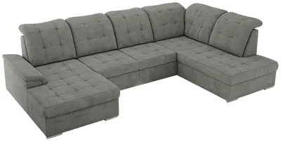 A U-shaped sectional sofa in a gray textured fabric, shown from a diagonal angle against a white background.