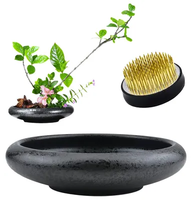 Ikebana-Vase mit Kenzan-Frosch, Keramik, schwarz gefleckt, 17,5 cm