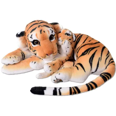 Two plush tiger toys, one larger and one smaller, are lying down together.