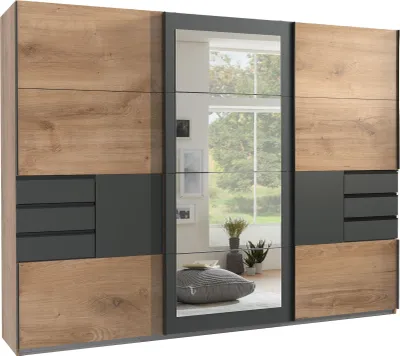 Produktbild von Schwebetürenschrank Kleiderschrank 270 cm Spiegel Schubladen Grafit Eiche Nachbildung / 22503