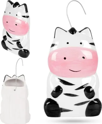 A collage of three images showing a ceramic zebra-shaped humidifier from different angles.