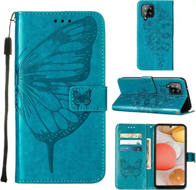Produktbild von Galaxy A42 5G Hülle, Schmetterling Prägung Flip Leder Kartenfächer Schutzhülle Ledertasche mit Ständer für Samsung Galaxy A42 5G Blau