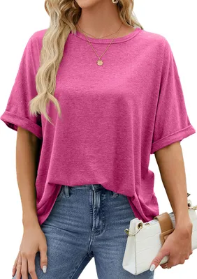 Image de ASKSA T-shirt femme été manches courtes oversized col rond Tops Casual Basic Tee Hauts, Rose, Taille : M