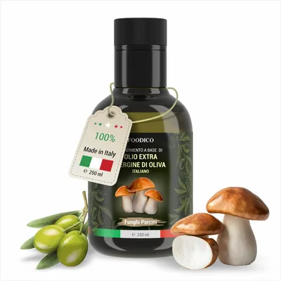 Produktbild von Foodico Steinpilz-Olivenöl - Italienisches Olivenöl Extra Vergine mit Pilzgeschmack | Kaltgepresst & aromatisch | Gourmetöl für Pasta, Risotto & Fleischgerichte | 250 ml Glasflasche