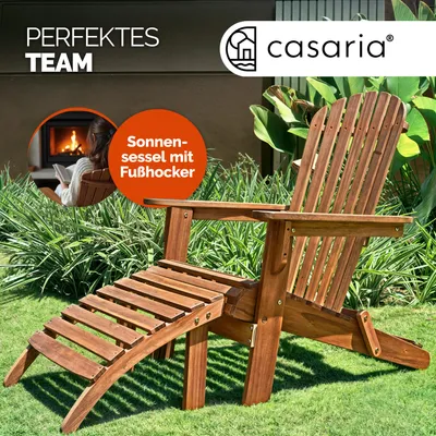 Image de Casaria 2x Chaise longue transat Adirondack en bois d'acacia avec repose-pieds Bain de soleil Siège de jardin pliable Extérieur balcon terrasse
