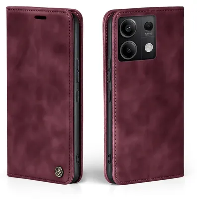 A burgundy flip case for a smartphone, shown from the front and back.