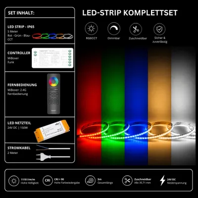 Produktbild von LED Streifen Set RGBCCT IP65 – COB LED Streifen 24V, 21 W/m, 5m, punktfrei – SS150 Netzteil, SR5 Funk-Controller  und  C5 Fernbedienung Schwarz