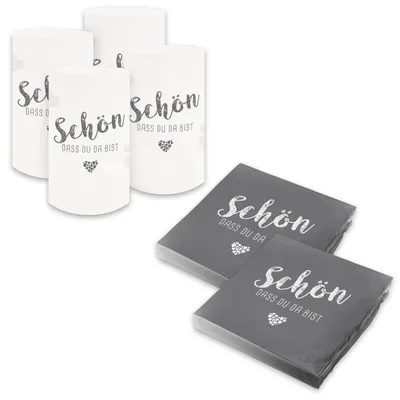 Produktbild von itenga 6x Windlicht + 40x Servietten - Schön dass du da bist - Taubengrau