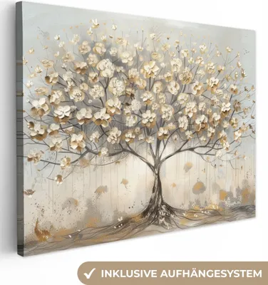 Produktbild von MuchoWow® - Leinwandbilder - Baum - Beige - Gold -  - Grau, Wandbild, Wanddeko Bilder Wohnzimmer, 120x90cm