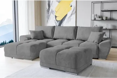 Produktbild von Set Velvet Ecksofa in L-Form 289 x 189 cm + Polsterhocker, Sofa mit Schlaffunktion, Fußhocker, Schlafsofa mit Bettkasten, Sitzpouf Farbe: Grau