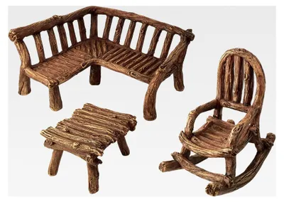 Produktbild von Miniatur Feengarten Möbel Set mit Holzbank, Schaukelstuhl und Tisch