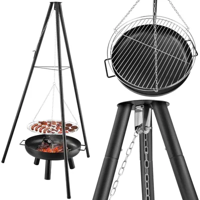 Obrázek produktu pro Gregman Roast 3,5 zahradní ohniště s grilem, trojnožka a nastavitelný závěsný rošt, ocelová ohniště, skládací, Ø 61 cm