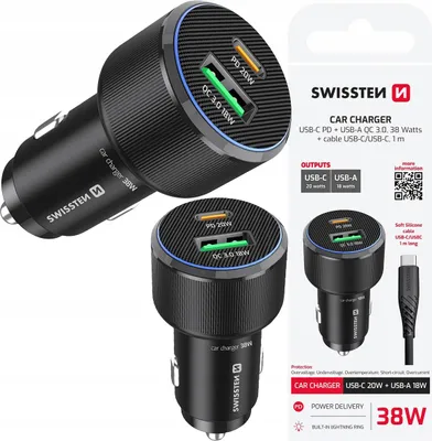 Zdjęcie produktu dla Ładowarka Samochodowa Swissten 1x Usb-c Pd + 1x Usb-a Qc 38w + Kabel Usb-c