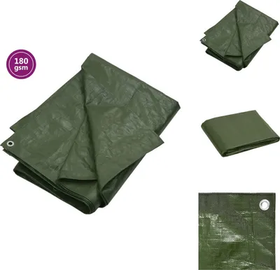 A green tarp is shown unfolded and folded in various ways, with a close-up of one corner.