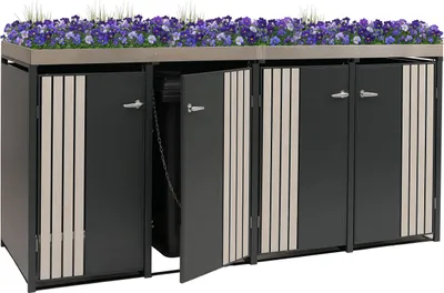 Immagine prodotto di copri cestino a 4 scomparti HWC-O67, cestino con fioriera, metallo 125x260x84cm 95kg ~ antracite look legno chiaro