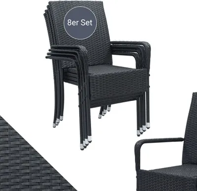 Produktbild von Juskys 8er Set Gartenstühle Polyrattan Schwarz Yoro, Modern, Armlehnen, stapelbar, verstellbare Beine, 160 kg Tragkraft, Selbstmontage.