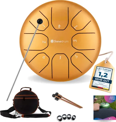 Produktbild von Sonodrum Zungentrommel: C - Dur in Gold - 20 cm mit 8 Tönen, Steel Tongue Drum inkl. Liederbuch, Schlägel, Fingersticks und Tragetasche