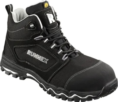 A black safety boot with white and gray accents, shown against a white background.