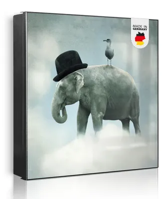 Zdjęcie produktu dla banjado metalowa szafka na klucze, duża 30x30 cm z 32 haczykami, może służyć jako tablica magnetyczna, czarny korpus, zawias po lewej stronie, Elefant und Möwe [SKG2 12544]