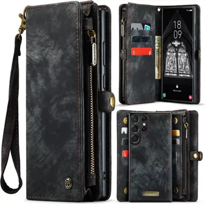 A collage of images showcasing a black leather wallet-style phone case with a zipper and card slots, for a Samsung A16/A16 5G.