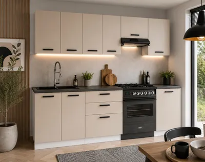 Produktbild von ULWEHOME | Küchenzeile 240 cm Kaschmir, Küchenmöbel-Set Beige mit Hängeschränken, 3-Schubladen-Unterschrank & geteilter Arbeitsplatte 100 cm