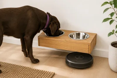 Immagine prodotto di Distributore di cibo per cani da montare a parete, in legno massello di quercia – Ciotola sospesa per cani | Ciotola rialzata con 2 ciotole in acciaio inossidabile, capacità 1,5 L ciascuna