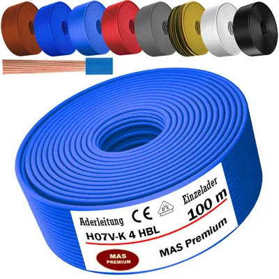 Productafbeelding van 100 meter aderkabel H07 V-K, HBL, 1x4 mm², lichtblauw, enkeldradig, flexibel