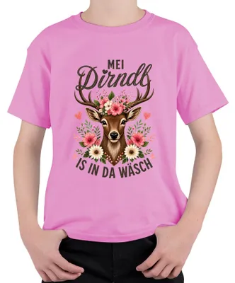 Produktbild von Mei Dirndl is in da Wäsch Reh Kitz Blumen Tracht Lederhose Alpen Kinder T-Shirt, Pink, 140