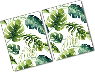 Produktbild von Tulup Glas Herdabdeckplatte - 2x40x52 cm - Glaskeramikkochfeld-Abdeckung Spritzschutz Glasabdeckplatte Kochplattenabdeckung und Schneidebrett - Zweiteilig - Blumen & Pflanzen - Tropische Blätter - Grün