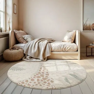 Imagen del producto de Alfombra infantil Unyqoos® Safari, diseño de jirafa: alfombra de juego suave en tonos neutros, diámetro de 120 cm, pelo de 14 mm, composición 50/50 poliéster/polipropileno, certificado ®