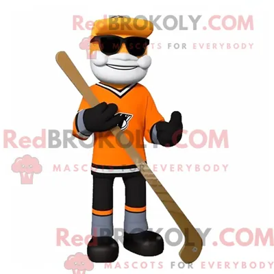 Productafbeelding van Oranje REDBROKOLY ijshockeystick-mascottekostuum gekleed met een overall en zonnebril