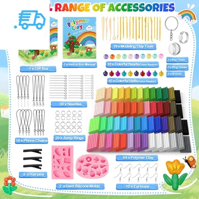 Produktbild von Polymer Clay Set, 54 Farben Knete Set mit Werkzeugen, 19 Modellierwerkzeugen, Polymer Ton für Ohrringe, Armband, Modelliermasse ofenhärtend, Knetmasse