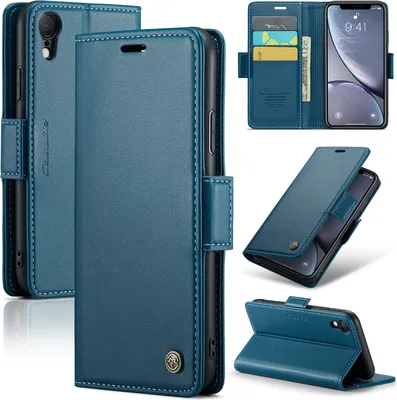 Image de iPhone XR Housse, Portefeuille en cuir Porte-cartes Housse avec fonction stand pour iPhone XR Bleu