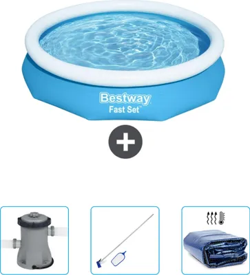Produktbild von Bestway runder aufblasbarer Fast-Set-Pool – 305 x 66 cm – Blau – im Lieferumfang enthalten Pumpe - Reinigungskit - Sonnensegel