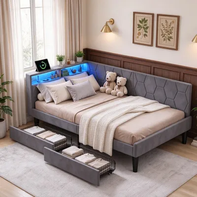 Imagen del producto de Cama tapizada INONEFT de 90x200 cm, cama juvenil con iluminación LED y puerto USB-C, y espacio de almacenamiento en la cabecera. Cama individual con 2 cajones, estructura de cama con somier, tapizada en terciopelo, color gris