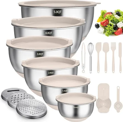 Produktbild von Terlulu Edelstahl Rührschüssel 6er Set mit Deckel und Silikonboden 4.7l/3.8l/2.8l/1.9l/1.4l/0.6l