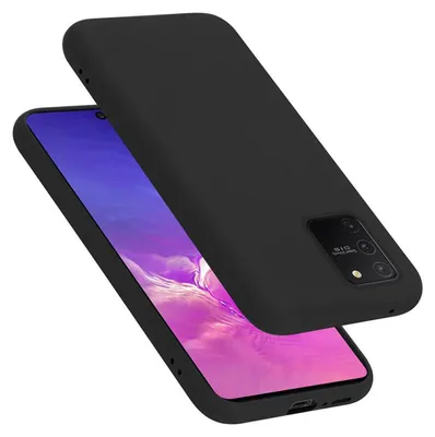 A black phone case is shown on a white background, partially covering a smartphone.