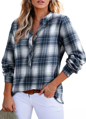Produktbild von ASKSA Damen Bluse Kariertes V-Ausschnitt Longbluse Casual Knoepfen Langarm Flanellhemd Karohemd Oberteile (Marineblau,M)