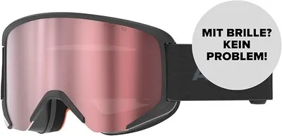 A pair of black ski goggles with a pink lens, with a circular overlay containing German text.