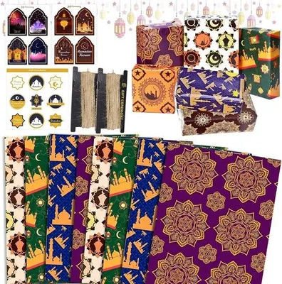 Productafbeelding van Famanu cadeaupapier voor Eid en Ramadan, met maan- en sterrenmotieven - feestelijke decoraties en stickers