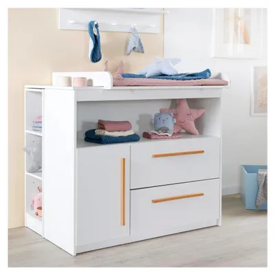 Produktbild von Wickelkommode Lilo mit abnehmbarem Wickelaufsatz - Wickeltisch mit 2 Schubladen und 1 Tür - Holzgriffe - Weiß