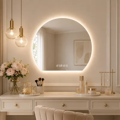 Immagine prodotto di Specchio da bagno okwish a semicircolo, intelligente, con illuminazione a LED, dimmerabile, antiappannamento, 80 cm, argento