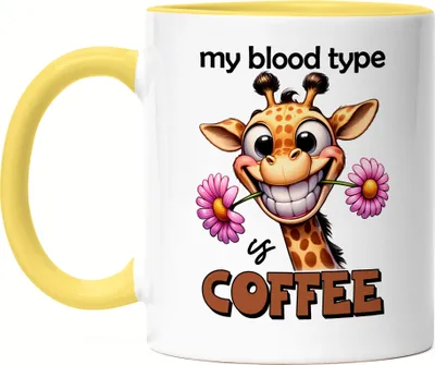 Produktbild von My blood type is coffee Tasse Gelb lustiger Spruch Kaffee Blutgruppe Giraffe