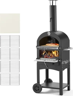 A black pizza oven with a pizza inside, shown on a white background.