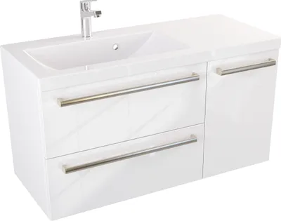 Produktbild von FURNI Waschtischunterschrank ATH 90 cm Links - Weiß Hochglanz - Hängender Badschrank mit Mineralguss-Waschbecken - Griffe - Vormontiert