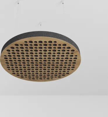 A circular acoustic panel suspended from the ceiling.