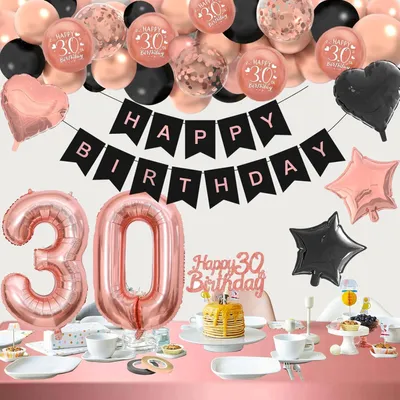 Zdjęcie produktu dla Balony na 30 Urodziny Happy Birthday Cyfra 30 Różowe Złoto Czarne