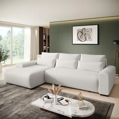 Produktbild von BEAUTYSOFA | Ecksofa BENNY L mit Schlaffunktion und Bettkasten, Bouckle Stoff in Beige – Ottomane links – Modernes Polstersofa